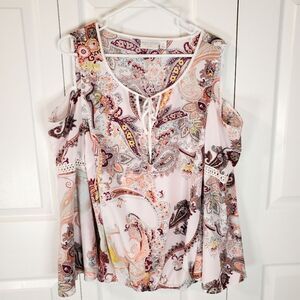 BISOU BISOU Cold Shoulder Paisley Print Bell Sleeve Boho Gypsy Blouse Size 1X